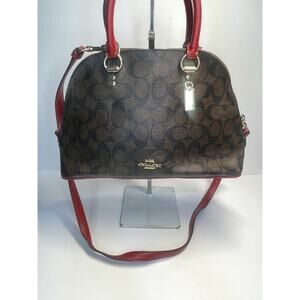Coach Signature Dome Satchel Handbag Brown/Red Leather Trim Crossbody Tote